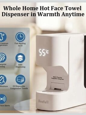 LiveFull Hot Face Towel Warmer 55C Auto Dispenser Voice Alert White